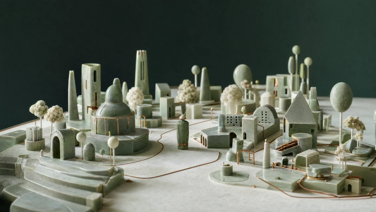 An original architectural world of varied buildings connected by an open copper path. Concept illustration.